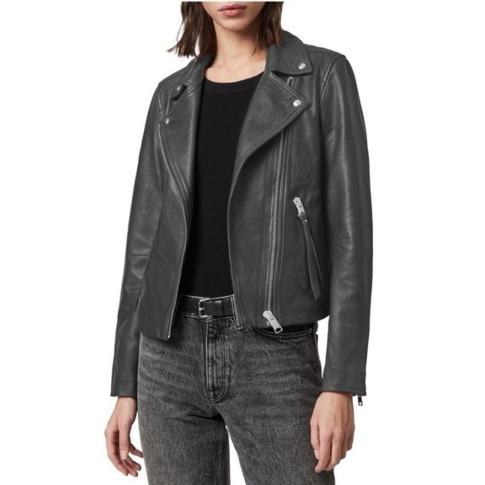 All Saints Dalby Leather Jacket in Anthracite Grey - US 6